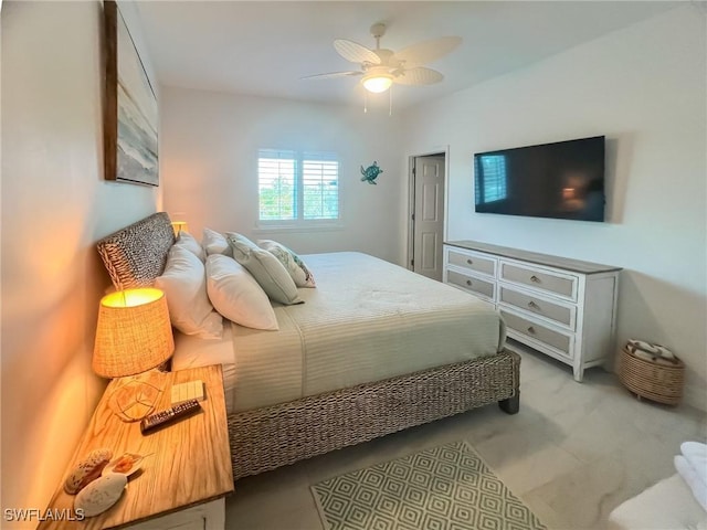 bedroom with light colored carpet and ceiling fan