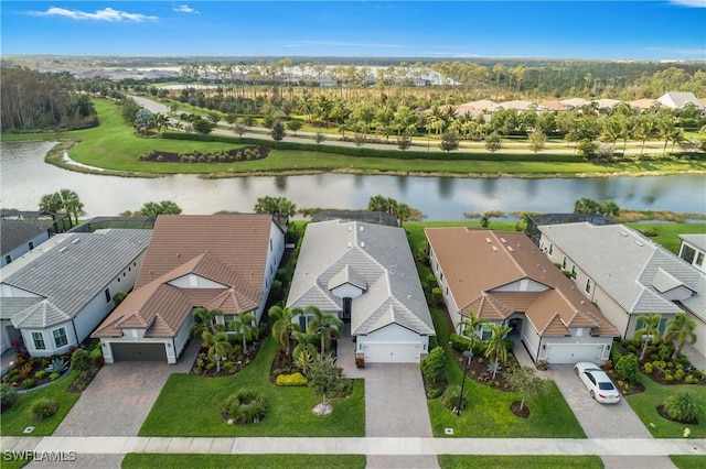 drone / aerial view with a water view