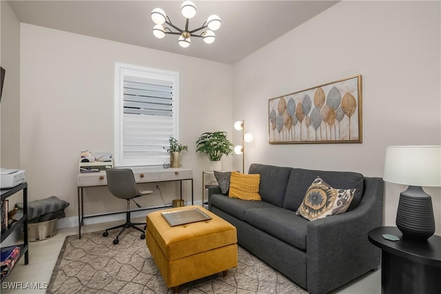 home office featuring a chandelier