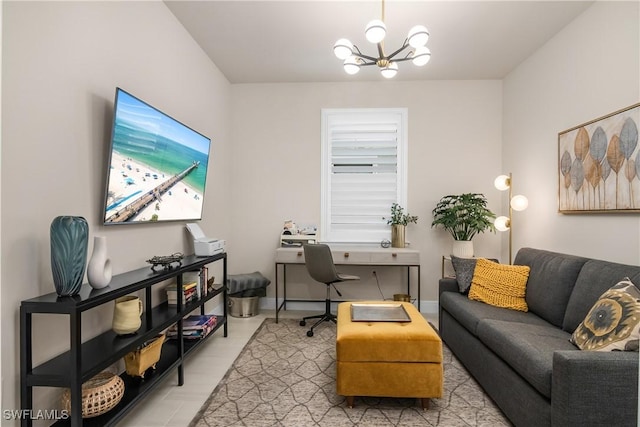 office area with a notable chandelier