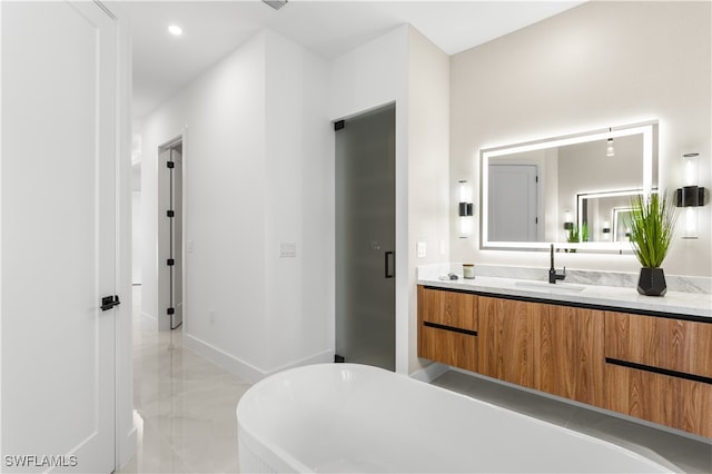 bathroom featuring a washtub and vanity