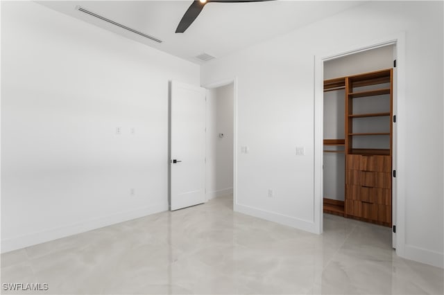 unfurnished bedroom with a closet and ceiling fan