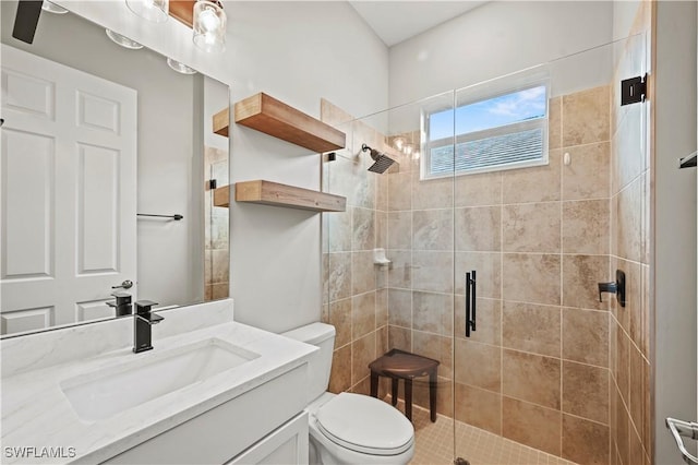 bathroom with vanity, toilet, and walk in shower