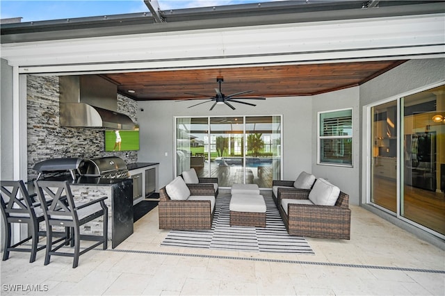 view of patio / terrace with an outdoor living space, ceiling fan, and a grill