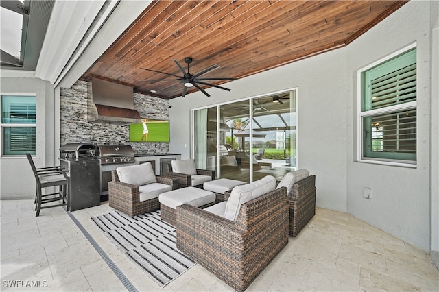 view of patio / terrace with area for grilling, an outdoor living space, ceiling fan, and grilling area