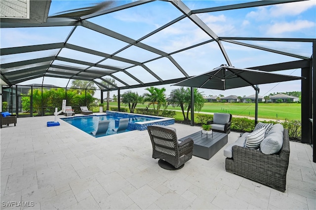 view of swimming pool with a lanai, an outdoor hangout area, a patio, and an in ground hot tub