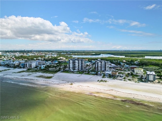 bird's eye view with a view of the beach and a water view