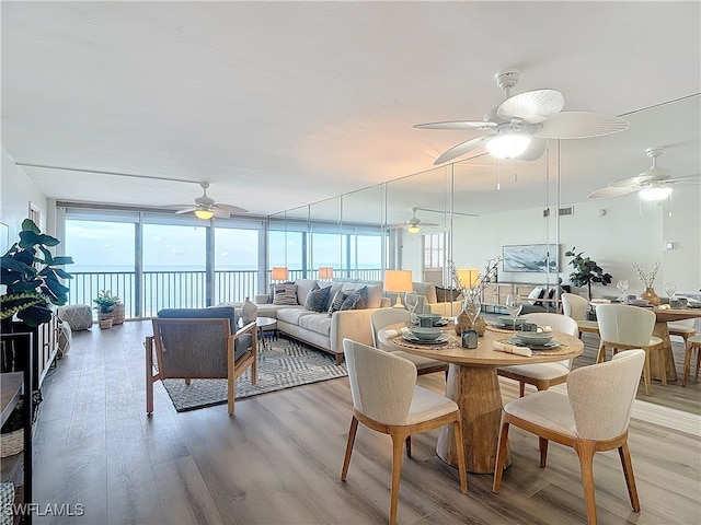 dining area featuring ceiling fan, a wealth of natural light, expansive windows, and light hardwood / wood-style flooring