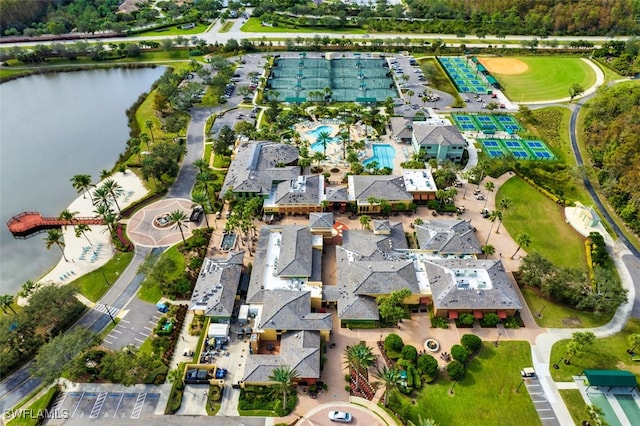 aerial view featuring a water view