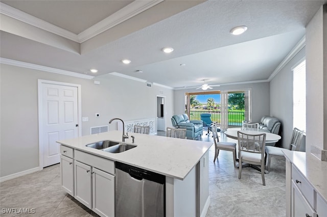 kitchen with white cabinetry, dishwasher, sink, crown molding, and a kitchen island with sink