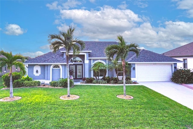 ranch-style home with french doors, a front yard, and a garage