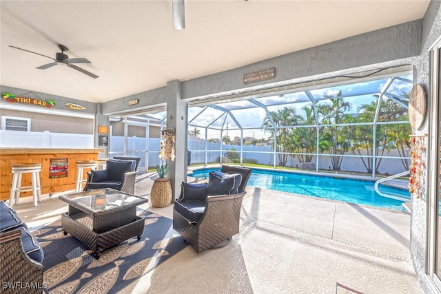 view of pool featuring ceiling fan