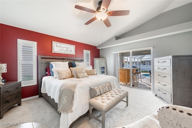 carpeted bedroom featuring access to exterior, ceiling fan, and vaulted ceiling