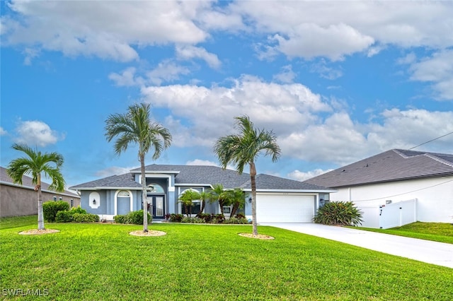 single story home featuring a front lawn and a garage