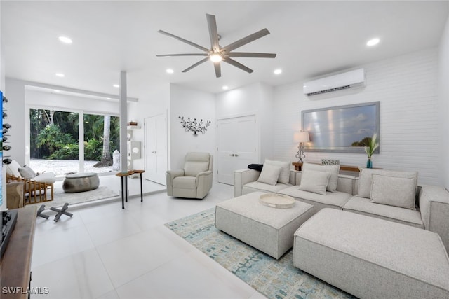 tiled living room featuring ceiling fan and an AC wall unit