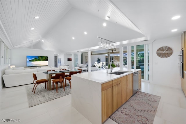 kitchen featuring vaulted ceiling, sink, a center island with sink, wooden ceiling, and dishwasher