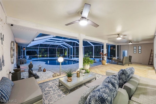 view of swimming pool with ceiling fan