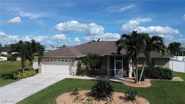 ranch-style home with a garage and a front yard