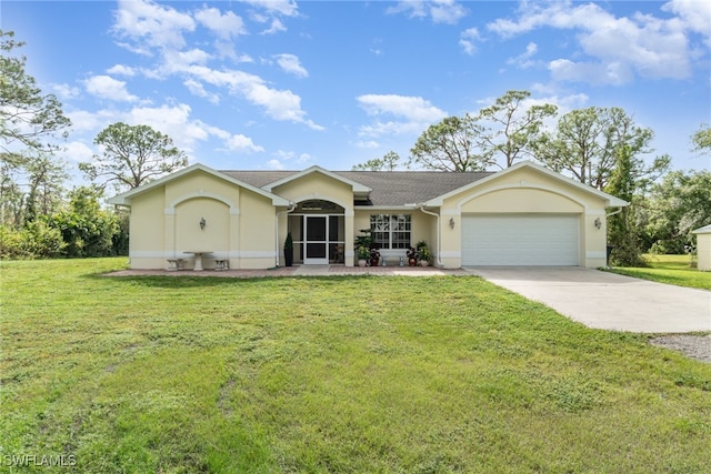 ranch-style home with a garage and a front lawn