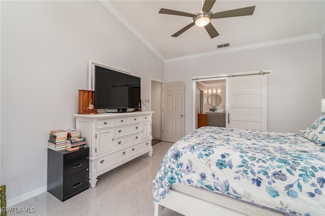 bedroom featuring crown molding, high vaulted ceiling, a barn door, and ceiling fan