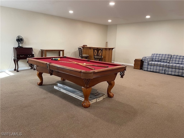 recreation room featuring pool table and light colored carpet