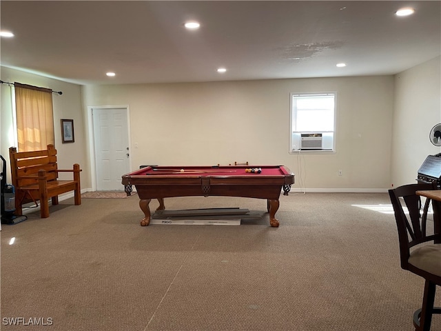 playroom featuring billiards, cooling unit, and light carpet