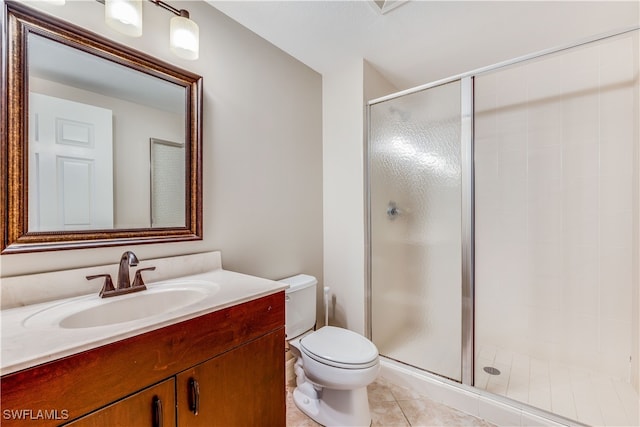 bathroom featuring walk in shower, toilet, vanity, and tile patterned floors