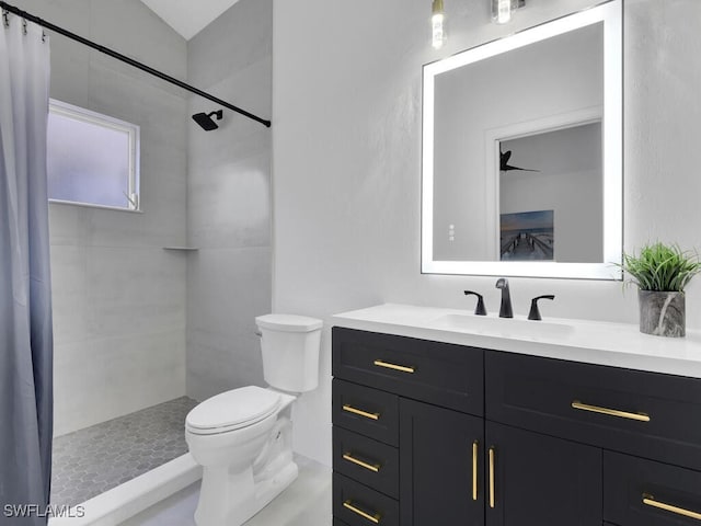 bathroom with a shower with shower curtain, vanity, and toilet