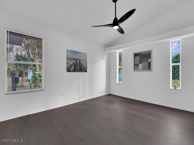 unfurnished room featuring ceiling fan, dark wood-type flooring, and vaulted ceiling