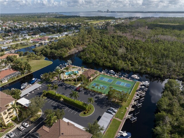 aerial view featuring a water view