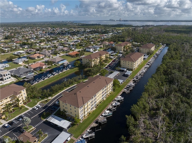 bird's eye view with a water view