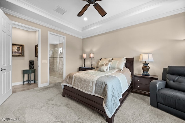 2616 Malaita Ct, Cape Coral, FL 33991 - bedroom with light carpet, ceiling fan, ornamental molding, connected bathroom, and a tray ceiling