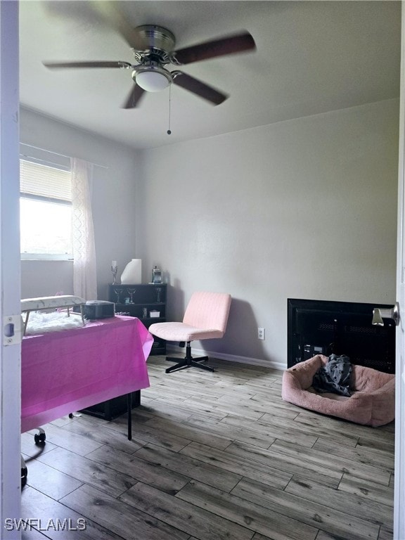 home office featuring wood-type flooring and ceiling fan