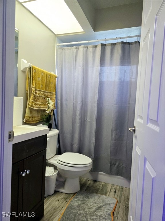 bathroom featuring wood-type flooring, vanity, and toilet