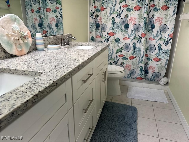 bathroom with vanity, walk in shower, tile patterned floors, and toilet