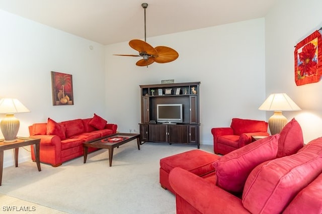 living room featuring light carpet and ceiling fan