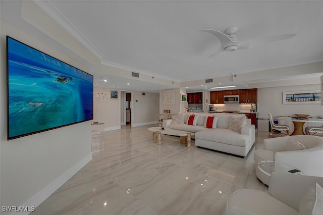 living room with ceiling fan, visible vents, baseboards, marble finish floor, and crown molding