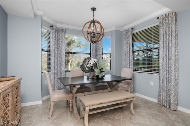 tiled dining area with a chandelier and crown molding