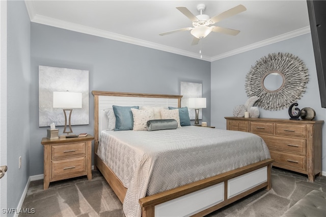 bedroom featuring ceiling fan, dark carpet, and crown molding