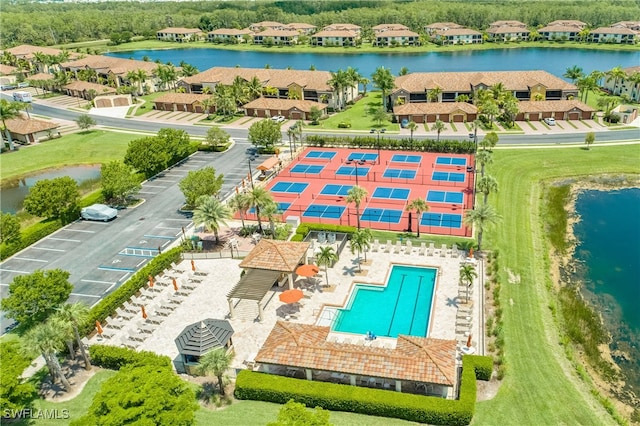 drone / aerial view featuring a water view