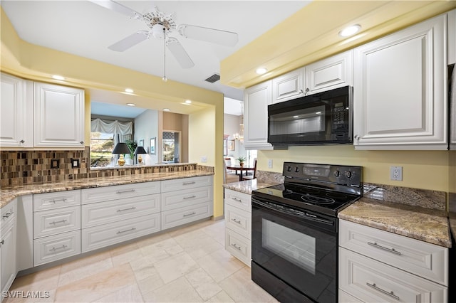 kitchen featuring black appliances, ceiling fan, white cabinets, and backsplash