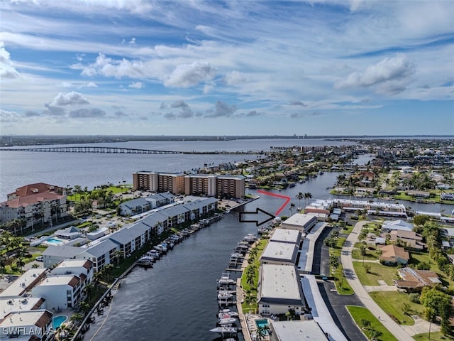 bird's eye view with a water view