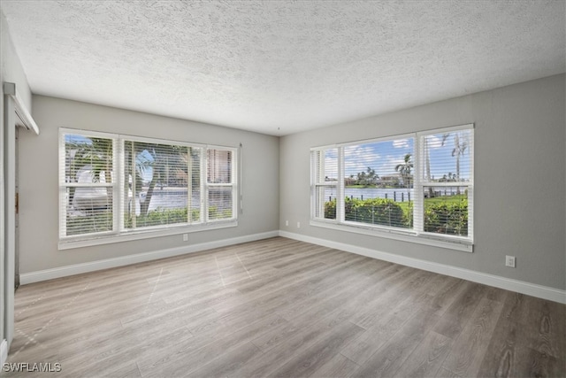 unfurnished room featuring a healthy amount of sunlight, light wood-type flooring, and a textured ceiling