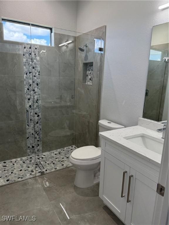 bathroom with vanity, an enclosed shower, and toilet