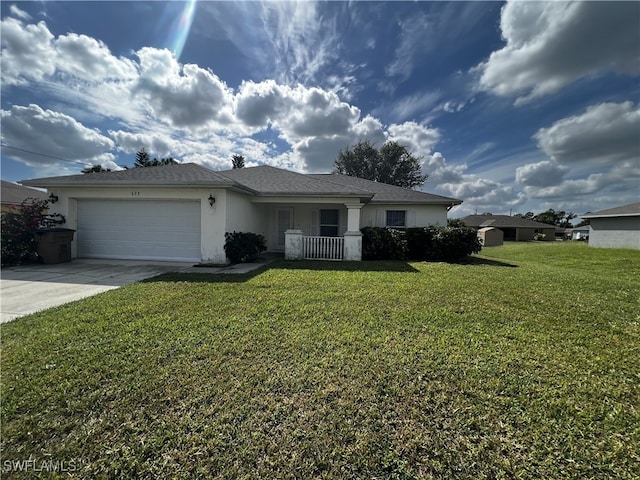 ranch-style home with a front lawn and a garage