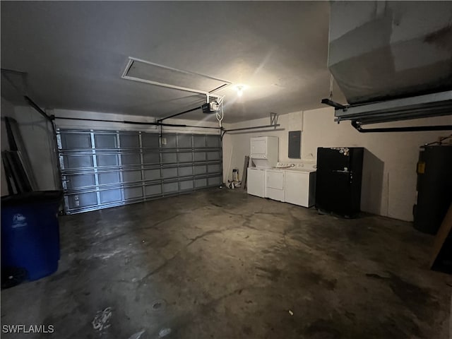 garage with electric panel, water heater, washing machine and dryer, and a garage door opener