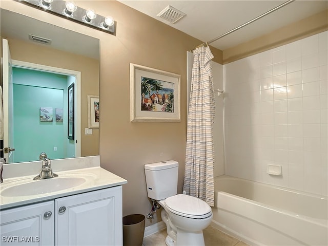 full bathroom featuring tile patterned flooring, vanity, toilet, and shower / bathtub combination with curtain