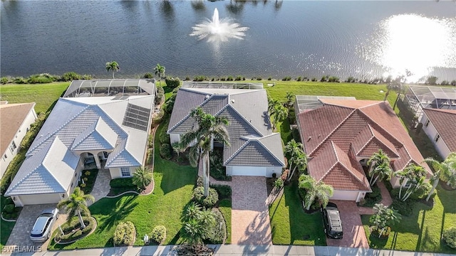 aerial view featuring a water view