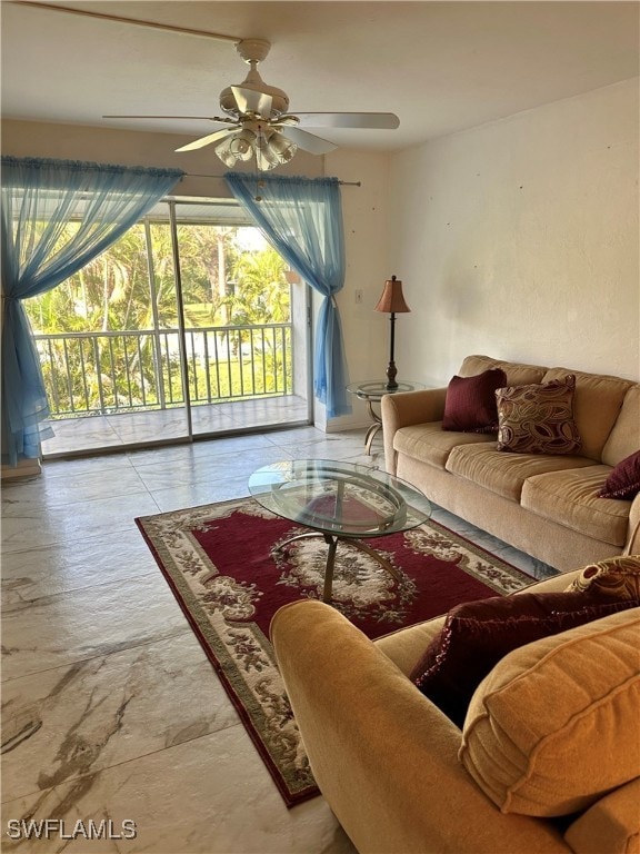 living room with ceiling fan