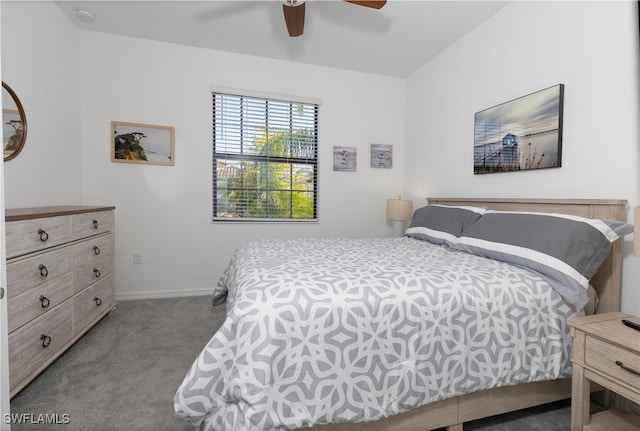 bedroom featuring light colored carpet and ceiling fan